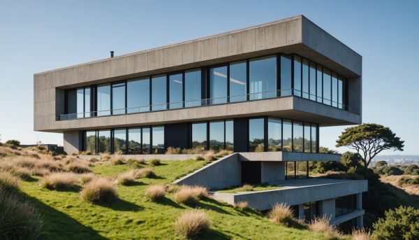 Béton brut, grandes baies vitrées et toits végétalisés